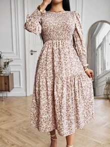 EMERY ROSE Vestido con estampado floral de manga farol bajo con fruncido - Caqui - Ver 4