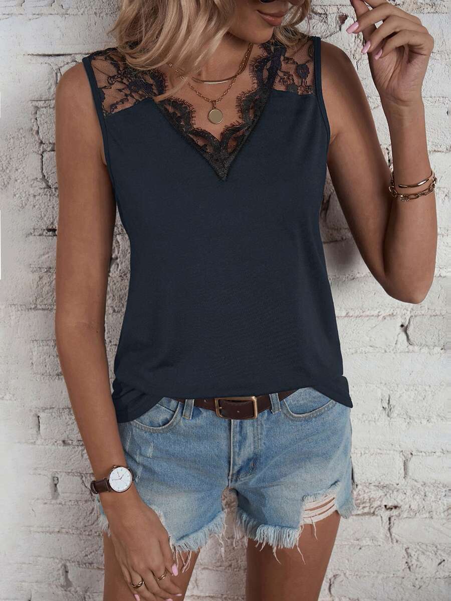 SHEIN LUNE Contrast Lace Tank Top - Navy Blue - View 1