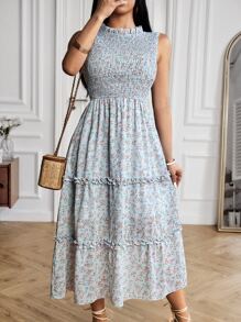 SHEIN VCAY Vestido con estampado floral bajo con fruncido - Celeste - Ver 4