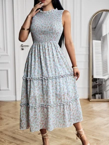 SHEIN VCAY Vestido con estampado floral bajo con fruncido - Celeste - Ver 5
