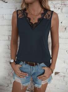 SHEIN LUNE Contrast Lace Tank Top - Navy Blue - View 3