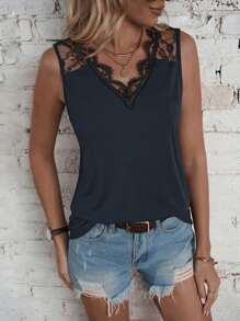SHEIN LUNE Contrast Lace Tank Top - Navy Blue - View 5