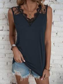 SHEIN LUNE Contrast Lace Tank Top - Navy Blue - View 6