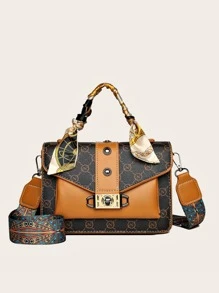 絲巾裝飾扭鎖翻蓋方包 - 棕色 - 查看 5