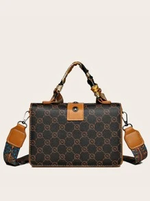 絲巾裝飾扭鎖翻蓋方包 - 棕色 - 查看 7