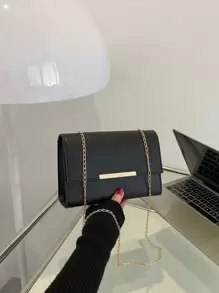 New Popular Small Square Bag With Chain Strap, Simple Solid Color Women's Crossbody Bag With Retro Casual Shoulder Bag, 2021 , Old Money - Black - View 3