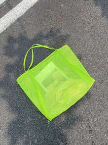 Yogodlns 霓虹青檸色鏤空沙灘旅行包女士單肩包大容量女購物手提包 - 青檸色 - 查看 8