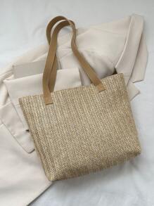 Letter Patch Decor Shoulder Bag Plain Straw Bag With Purse - Khaki - View 2