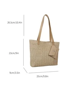 Letter Patch Decor Shoulder Bag Plain Straw Bag With Purse - Khaki - View 3