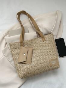 Letter Patch Decor Shoulder Bag Plain Straw Bag With Purse - Khaki - View 5
