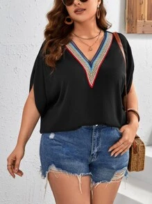 SHEIN LUNE Plus Contrast Tape Batwing Sleeve Blouse - Black - View 3