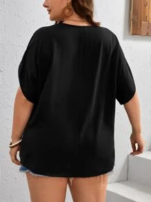 SHEIN LUNE Plus Contrast Tape Batwing Sleeve Blouse - Black - View 2