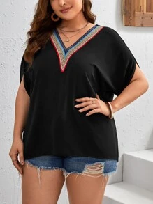 SHEIN LUNE Plus Contrast Tape Batwing Sleeve Blouse - Black - View 4