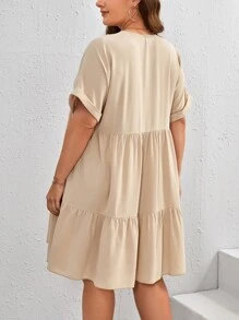 SHEIN VCAY 大碼蝙蝠袖荷葉邊娃娃裙 - 杏色 - 查看 2