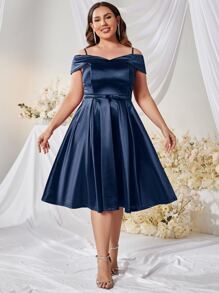 MUXXN Vestido de hombros descubiertos de satén - Azul Marino - Ver 1