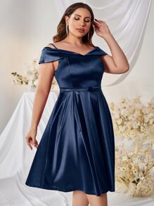 MUXXN Vestido de hombros descubiertos de satén - Azul Marino - Ver 4