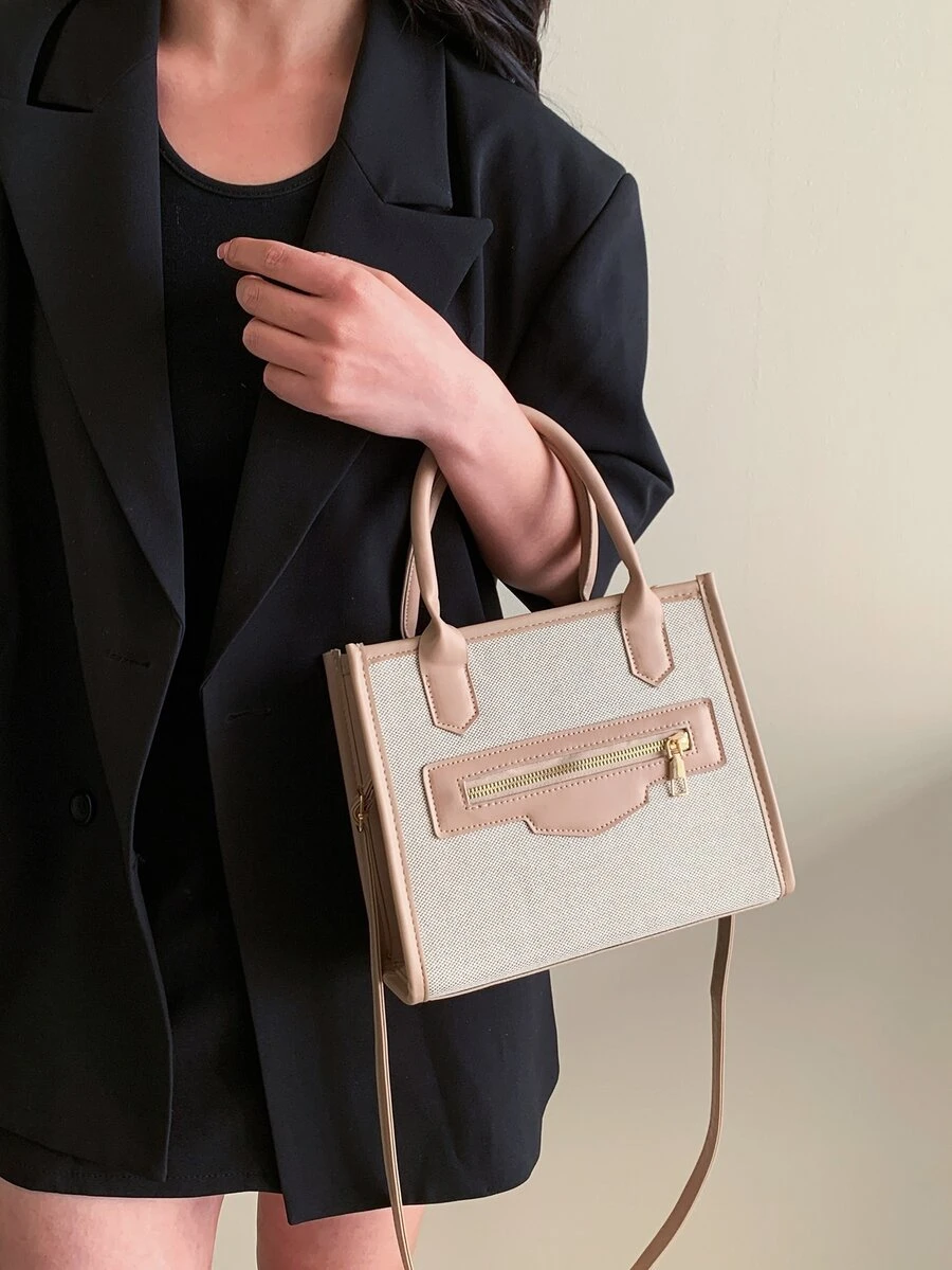 Túi đeo chéo Nữ Khối Màu Đôi tay cầm Giải trí - Màu Khaki - Xem 1