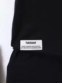 SHEIN Young Boy Black Simple Letter Design Casual Streetwear Two Piece Set With Round Neckline And Regular Sleeves For Summer - Black - View 6