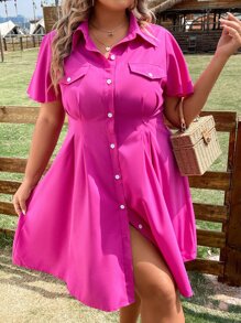 SHEIN LUNE 大碼翻蓋細節褶皺細節襯衫連衣裙 - 玫紅色 - 查看 5