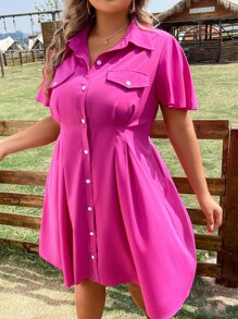 SHEIN LUNE 大碼翻蓋細節褶皺細節襯衫連衣裙 - 玫紅色 - 查看 6