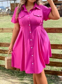 SHEIN LUNE 大碼翻蓋細節褶皺細節襯衫連衣裙 - 玫紅色 - 查看 7