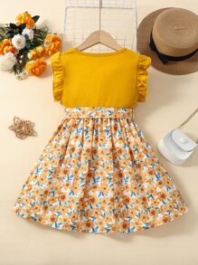 SHEIN Young Girl Flower Print Sweet Vacation Cute Ruffle Sleeve Dress With Round Neckline For Summer,Holiday,Summer,Travel - Multicolor - View 2