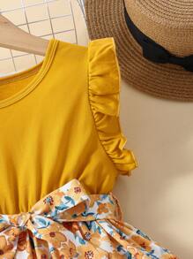 SHEIN Young Girl Flower Print Sweet Vacation Cute Ruffle Sleeve Dress With Round Neckline For Summer,Holiday,Summer,Travel - Multicolor - View 4