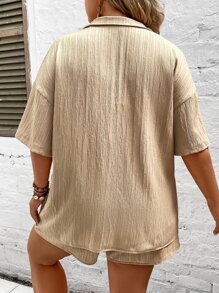 SHEIN LUNE Plus Drop Shoulder Pocket Patched Shirt & Shorts - Khaki - View 2