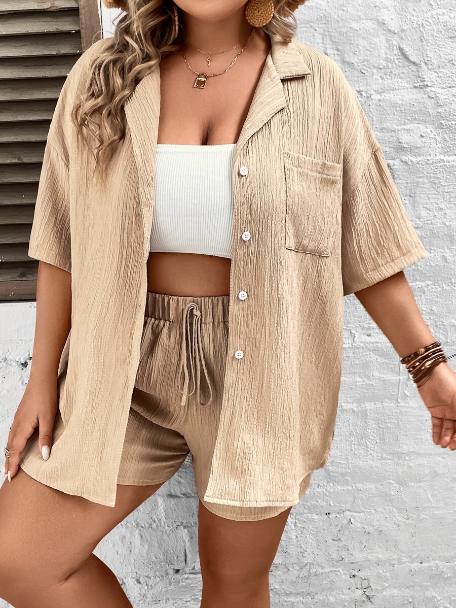 SHEIN LUNE Plus Drop Shoulder Pocket Patched Shirt & Shorts - Khaki - View 1