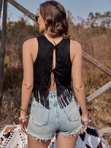 RELISH NOLESS Trang phục mùa xuân hè cho phụ nữ, buổi hòa nhạc đồng quê, kỳ nghỉ thường ngày, trang phục phương Tây, áo tua rua da lộn Boho - màu đen - Xem 2