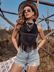 RELISH NOLESS Trang phục mùa xuân hè cho phụ nữ, buổi hòa nhạc đồng quê, kỳ nghỉ thường ngày, trang phục phương Tây, áo tua rua da lộn Boho - màu đen - Xem 4