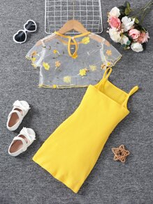 SHEIN 小女童貼花木耳邊網紗上衣和吊帶連衣裙 - 黃色 - 查看 2
