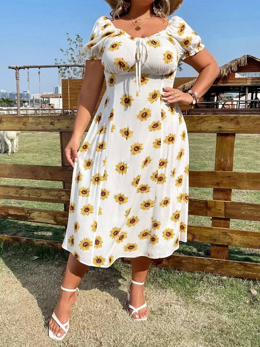 Flirla Plus Floral Print Knot Front Puff Sleeve Dress - White - View 1