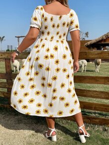 Flirla Plus Floral Print Knot Front Puff Sleeve Dress - White - View 2