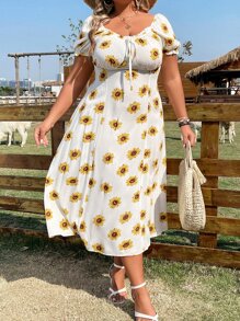 Flirla Plus Floral Print Knot Front Puff Sleeve Dress - White - View 3