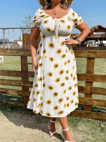 Flirla Plus Floral Print Knot Front Puff Sleeve Dress - White - View 5