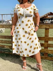 Flirla Plus Floral Print Knot Front Puff Sleeve Dress - White - View 6