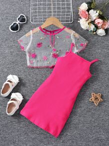 SHEIN Young Girl Sweet Comfortable Round Neck Short Sleeve Two-Piece Set With Pink Floral Print For Summer - Hot Pink - View 1