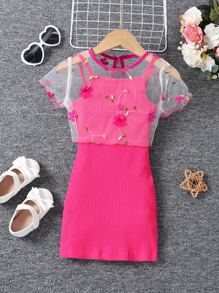 SHEIN Young Girl Sweet Comfortable Round Neck Short Sleeve Two-Piece Set With Pink Floral Print For Summer - Hot Pink - View 3