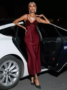 SHEIN BAE Solid Contrast Sequin Cami Dress - Burgundy - View 1