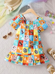 SHEIN Toddler Girls Cartoon Graphic Ruffle Hem Dress - Multicolor - View 3