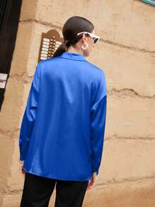 Seusyu Solid Drop Shoulder Button Front Shirt Fall Cloth For Women - Blue - View 2