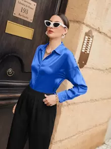 Seusyu Solid Drop Shoulder Button Front Shirt Fall Cloth For Women - Blue - View 3
