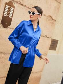 Seusyu Solid Drop Shoulder Button Front Shirt Fall Cloth For Women - Blue - View 4