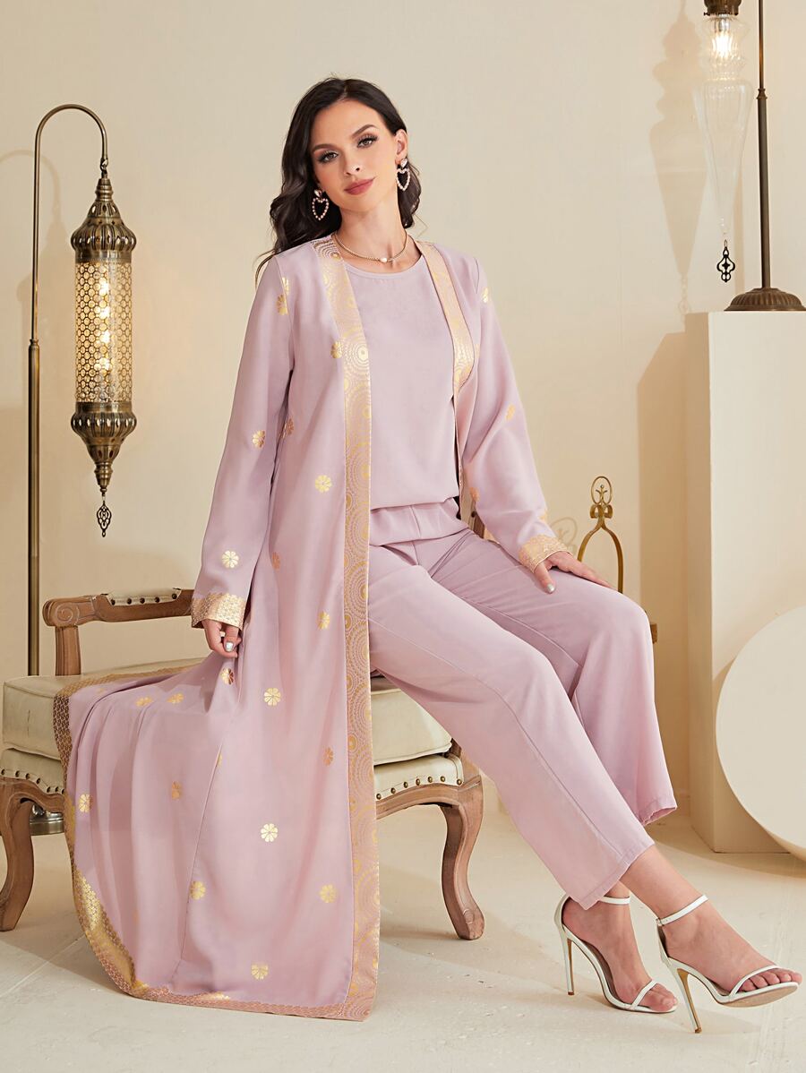 Al Najma Gold Floral Print Open Front Abaya & Pants & Blouse - Pink - View 1