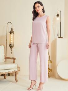 Al Najma Gold Floral Print Open Front Abaya & Pants & Blouse - Pink - View 4