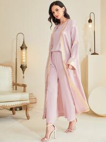 Al Najma Gold Floral Print Open Front Abaya & Pants & Blouse - Pink - View 5