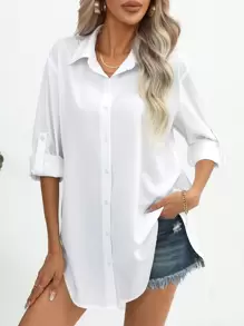 SHEIN Essnce 素色前紐扣捲邊袖弧形下擺襯衫 - 白色 - 查看 1