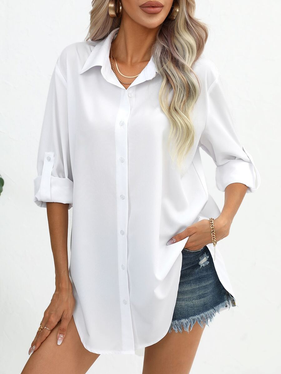 SHEIN Essnce 素色前紐扣捲邊袖弧形下擺襯衫 - 白色 - 查看 1