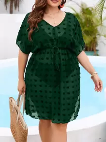 Plus Swiss Dot Batwing Sleeve Knot Front Cover Up Dress Without Bikini Set - Dark Green - View 1